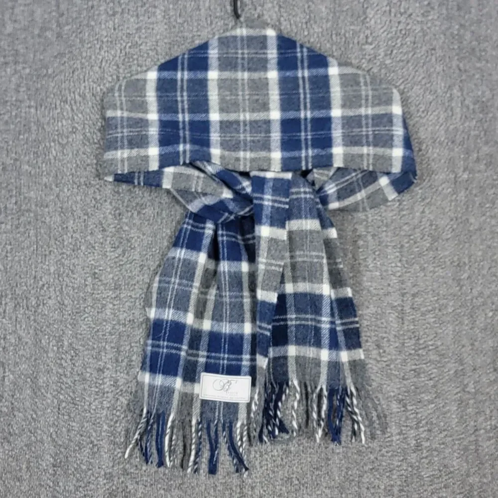 Bronte By Moon Scarf Womens Blue & Gray Plaid Fringed 100% Lambswool